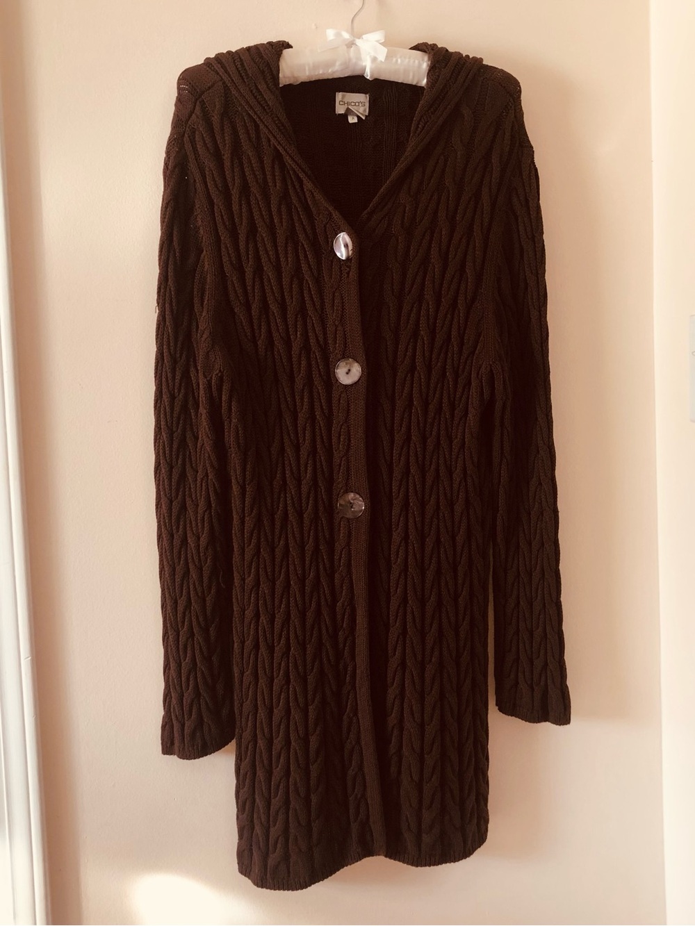 Chico's Brown Silk Cotton Cable Knit Hooded Cardigan Sweater Size 3 XL EUC